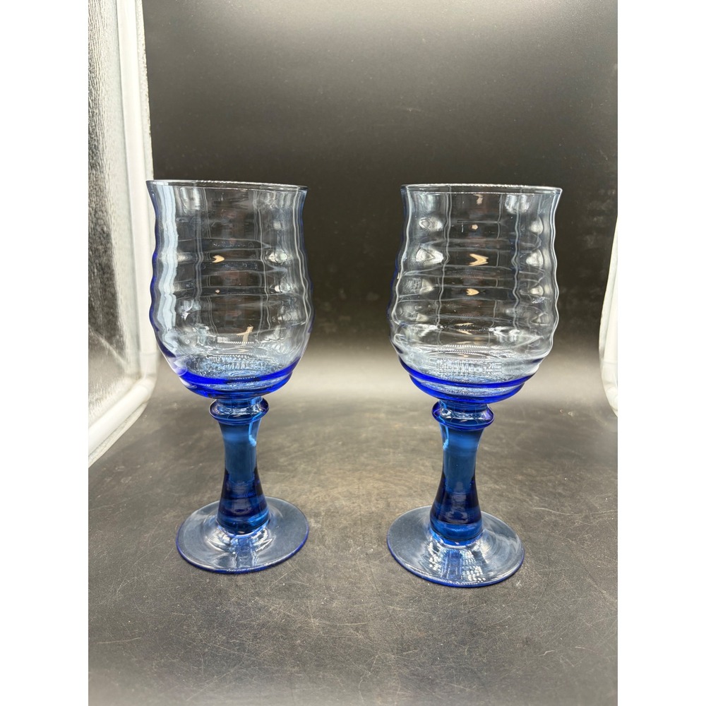 Blue Glass Wine Goblets Set of 2 Ribbed Bowl Cobalt Stem Two Tone Stemware 7.75"